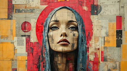 abstract art collage with a portrait of mother mary