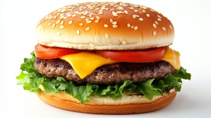Delicious cheeseburger with lettuce, tomato, and sesame seed bun