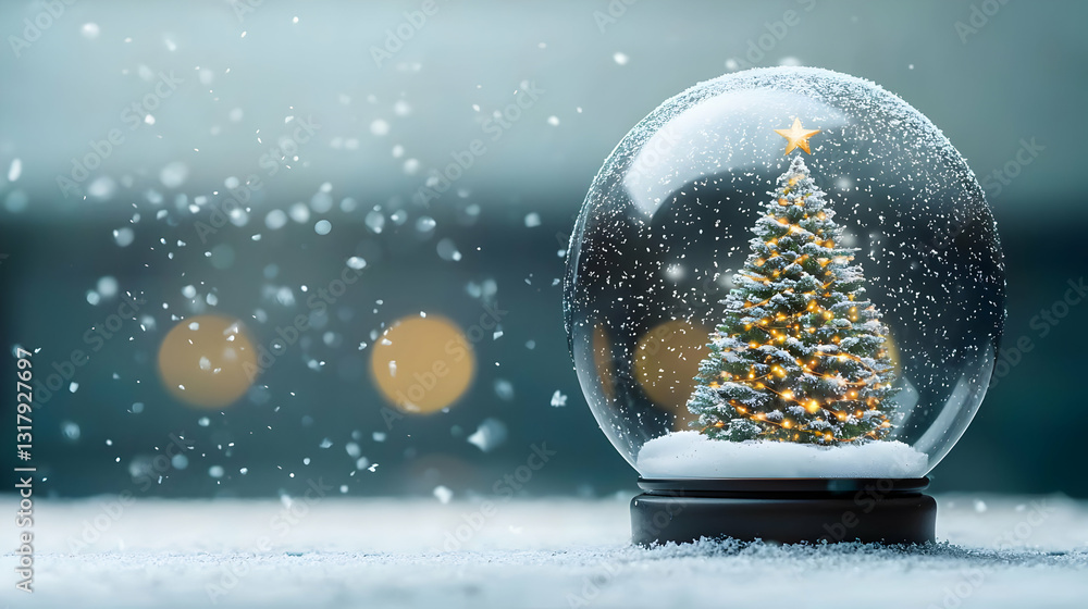 Poster illuminated christmas tree inside a snow globe on a snowy surface with soft blurred lights in the ba