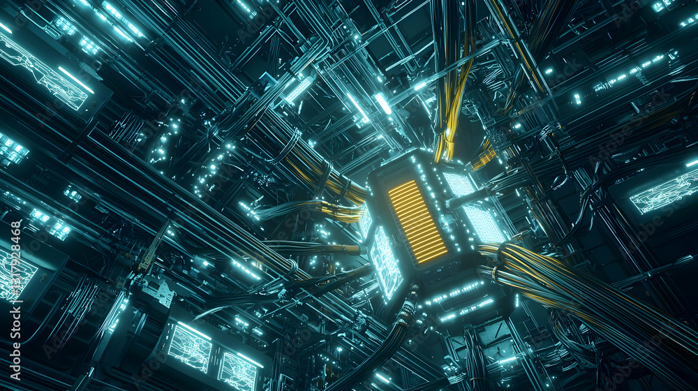 Poster complex futuristic teal and gold cyberspace data flow with glowing lights abstract digital network t