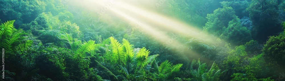 Poster enchanting forest scene with sunlight filtering through lush green canopy creating a warm and inviti
