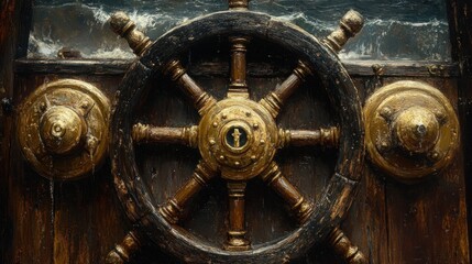 Obraz premium Wooden ship's wheel in stormy sea backdrop