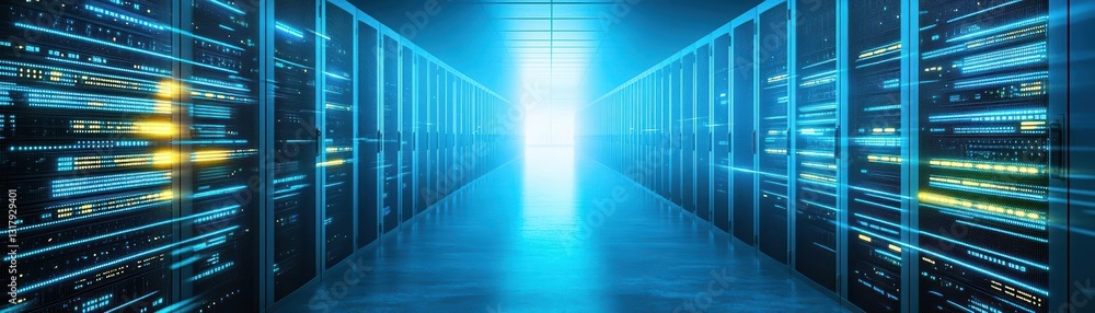 Poster modern server in a high-tech server room surrounded by rows of equipment and cables featuring a cool
