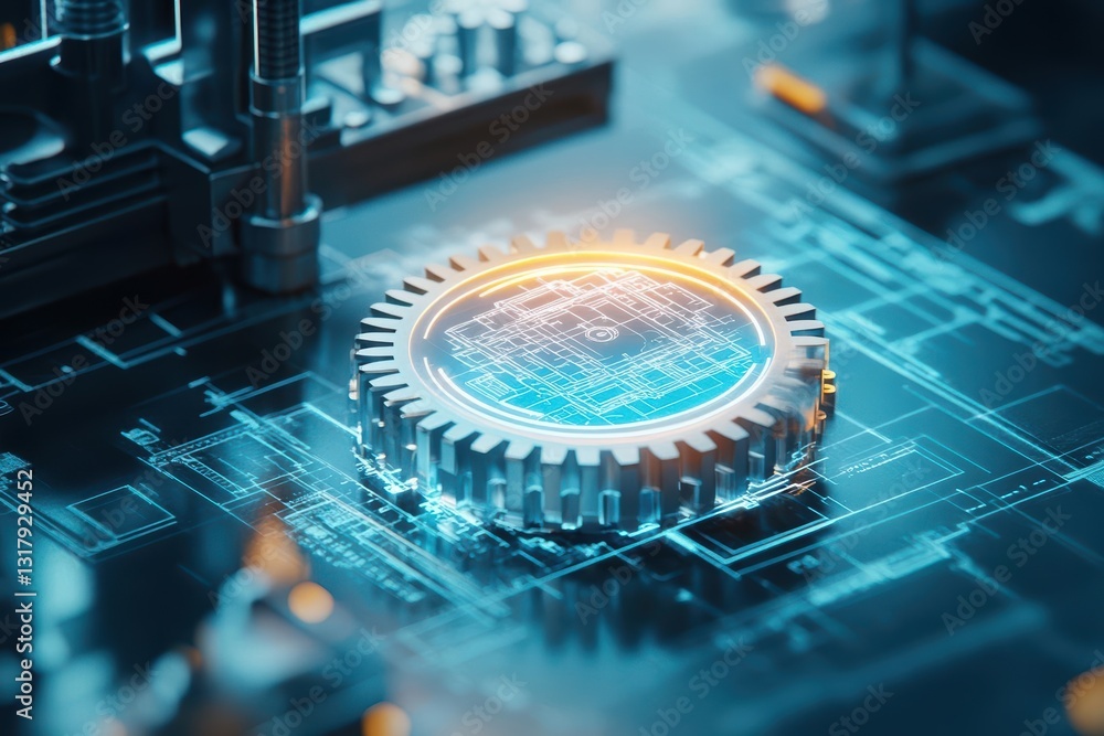 Poster intricate gearwheel embedded in a complex circuit board surrounded by electronic components highligh