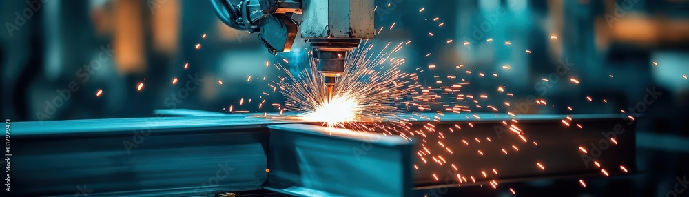 Poster intense welder focusing on precision craftsmanship while welding metal in industrial workshop surrou