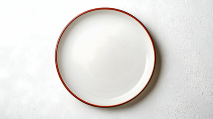 White Ceramic Plate With Brown Rim Isolated On Textured White Background In Top Down View