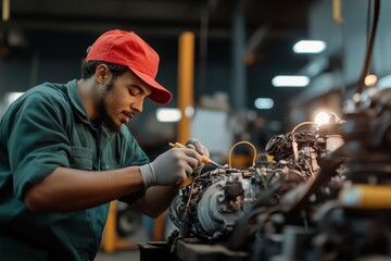 Focused Mechanic Engaged in Detailed Work on Car Engine Surrounded by Tools and Equipment Creating a Dedicated Atmosphere of Automotive Repair