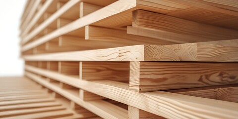 Wooden planks stacked in a uniform, geometric pattern creating a modern architectural background with natural texture and symmetry, ideal for design, carpentry, or construction themes

