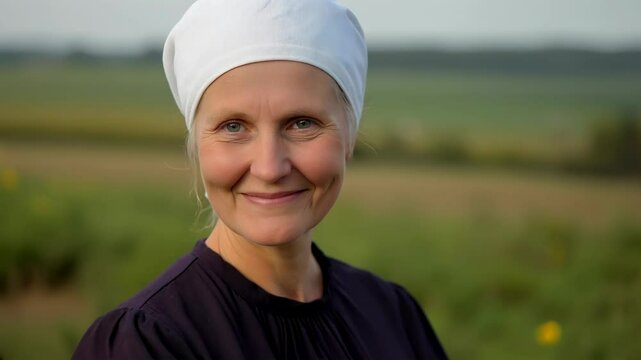 Smiling female farmer looking at the camera wearing a bonnet hat and modest outfit