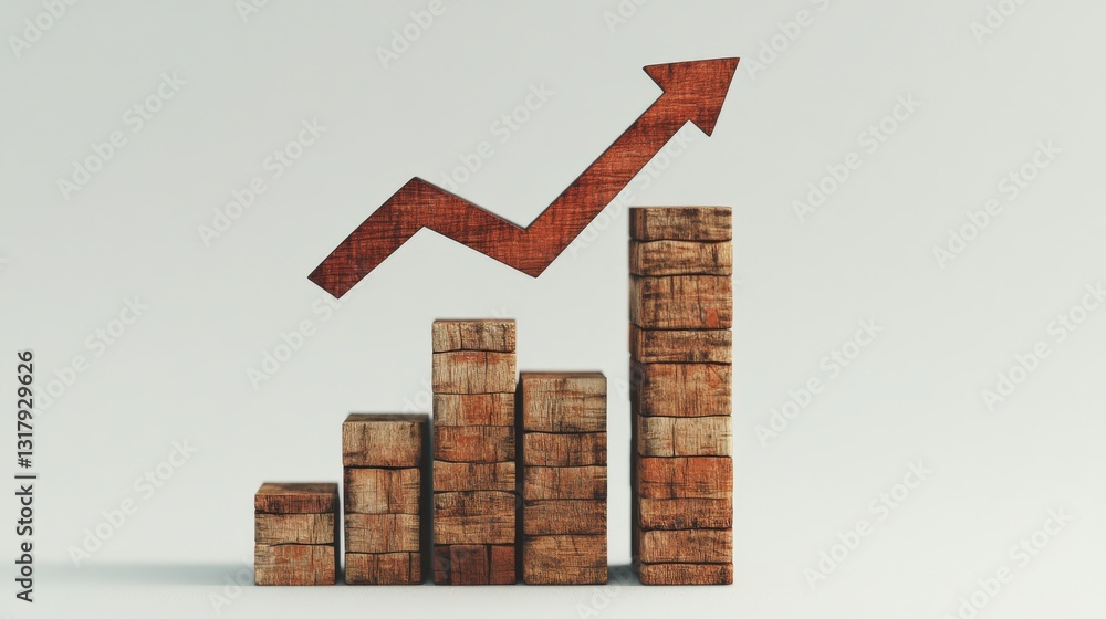Poster wooden bar chart with an upward arrow representing growth and progress in a minimalistic setting