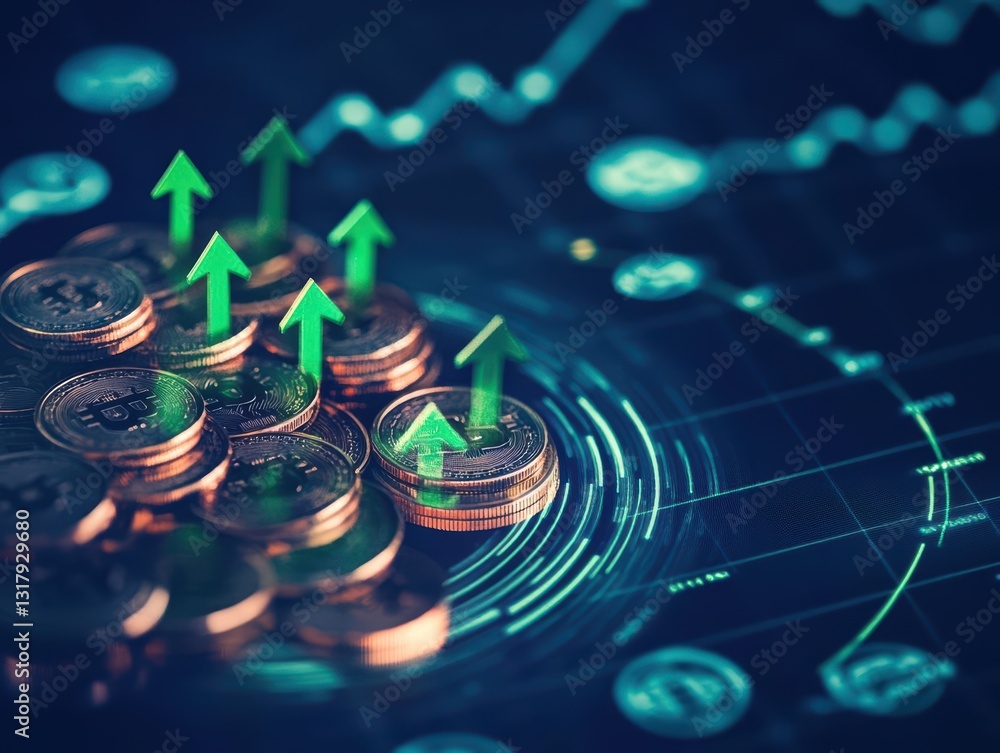 Aufkleber a pile of various coins with upward pointing arrows symbolizing financial growth and prosperity in a