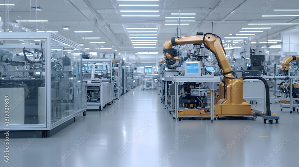 Poster robotic arms in modern industrial factory with automated production lines and technology