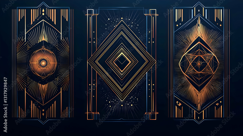 Poster abstract geometric design with golden ornamental patterns on dark blue background with vertical line