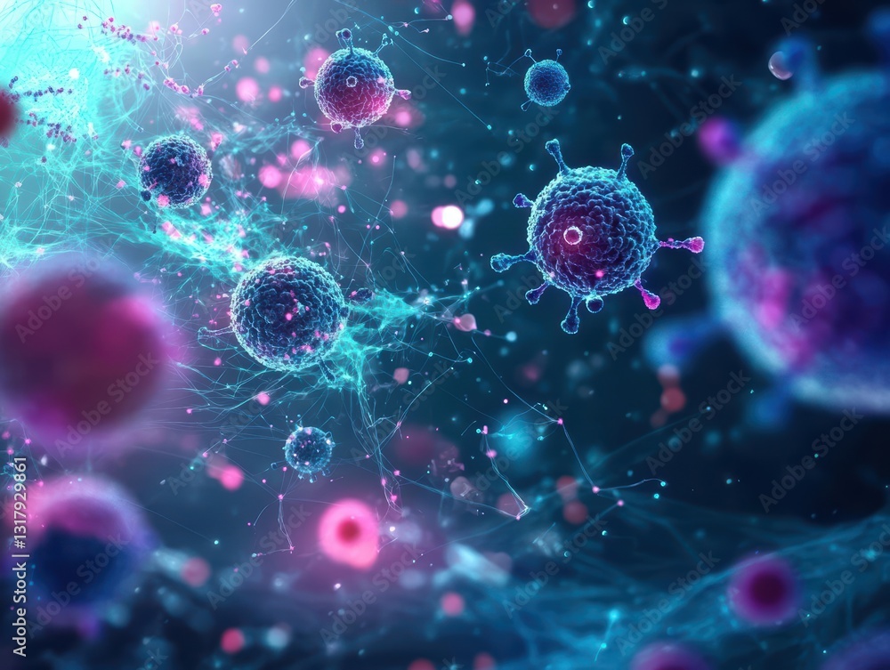 Poster group of viruses interacting within the human body showcasing intricate structures and diverse forms