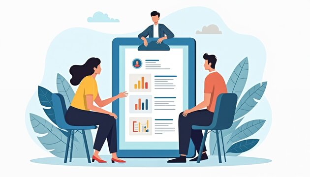 Illustration presents team meeting, job interview HR recruitment concept. Man, woman sitting near big resume chart. Manager controls employee performance. Staff training, business consulting.