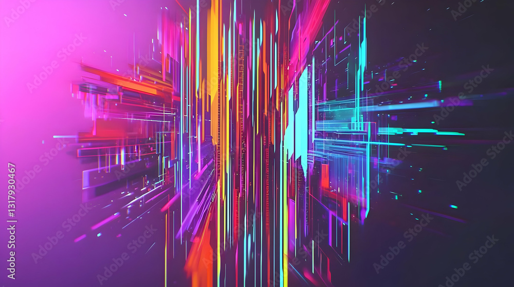 Aufkleber abstract digital data stream visualization with colorful neon lines against dark purple background