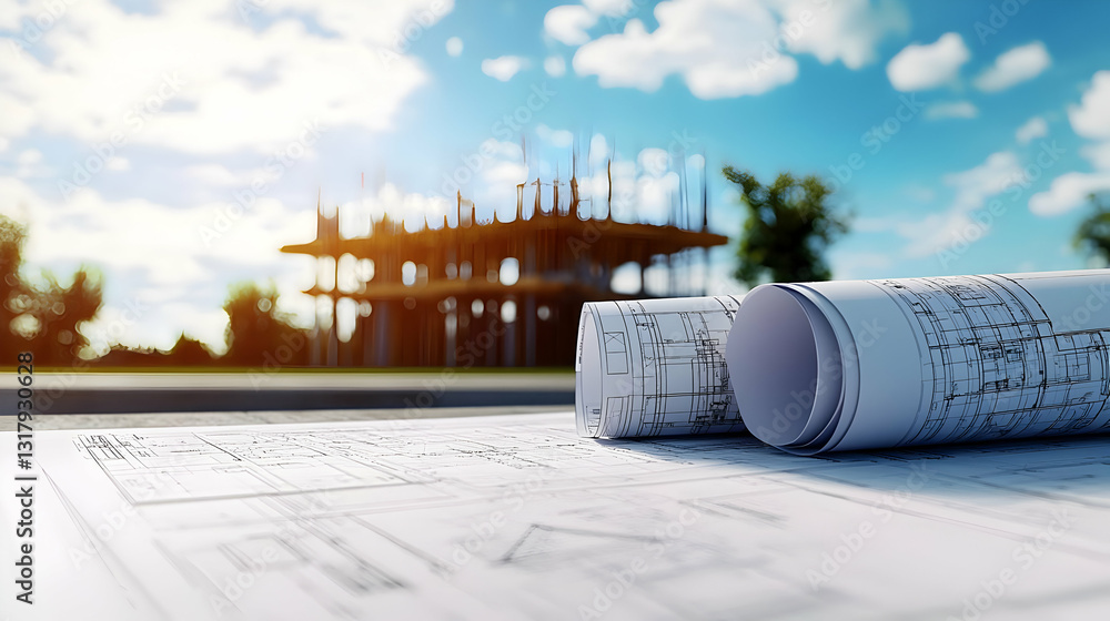 Poster detailed architectural blueprints rolled and spread out with building construction in background and