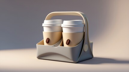 Two Coffee Cups in a Stylish Carrier, Minimalist Design, Modern Beverage Holder, Portable Drink