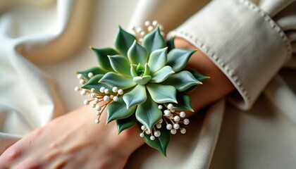 Green succulent wrist corsage for modern botanical themed events