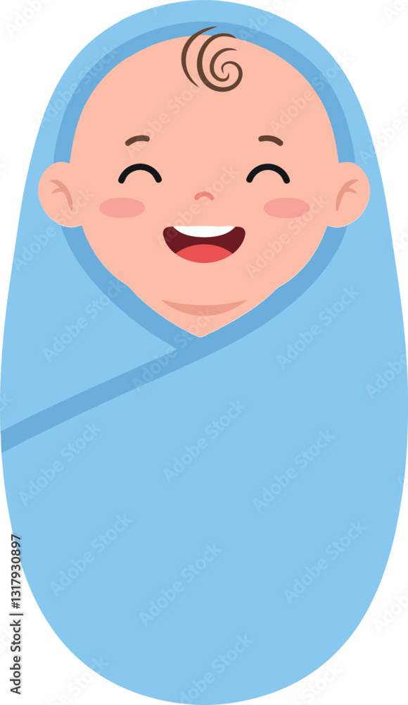 Aufkleber happy baby wrapped in a soft blue blanket with a joyful expression in a minimal vector illustration 