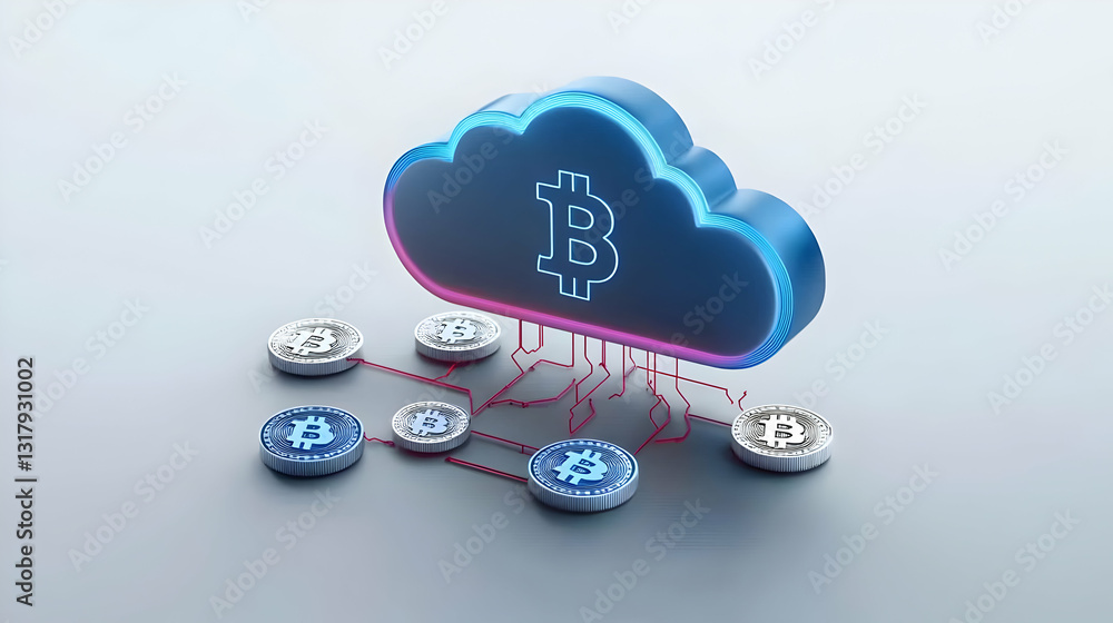 Poster blue glowing cloud symbol above connected circular nodes representing digital network on gray backgr