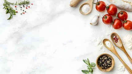 Fresh Ingredients for Cooking on White Marble Surface with Herbs © Chantanapa
