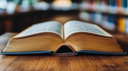 Open book on wooden table in library