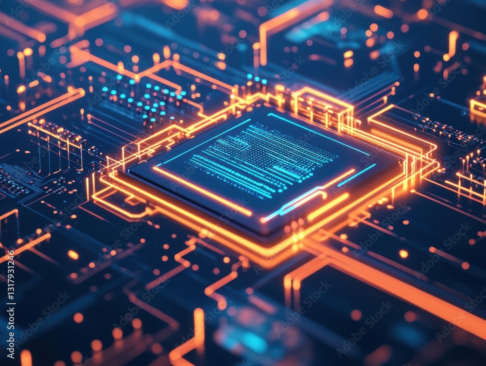Aufkleber futuristic computer chip set against a circuit board with glowing blue and orange lights emphasizing