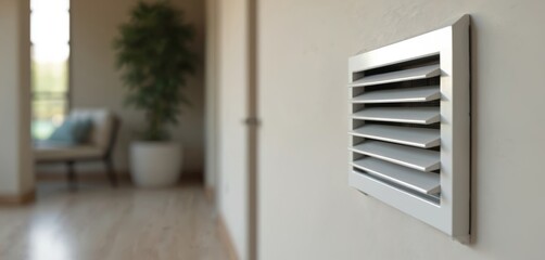 Close-up of modern white wall ventilation grille. Mounted air vent equipment ensures air flow in building interior, climate control, temperature regulation, household air circulation, clean