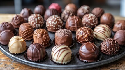 assorted chocolate pralines arranged on a platter
