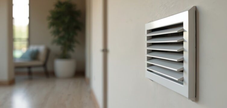 Close-up of modern white wall ventilation grille. Mounted air vent equipment ensures air flow in building interior, climate control, temperature regulation, household air circulation, clean