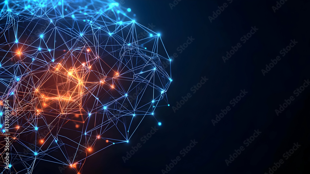 Poster abstract futuristic digital network connection with glowing orange and blue lights on dark backgroun