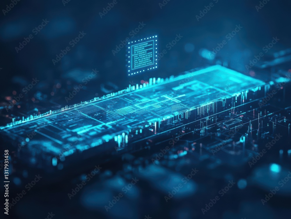 Poster futuristic computer circuit board with vibrant blue glow illuminating intricate pathways and complex