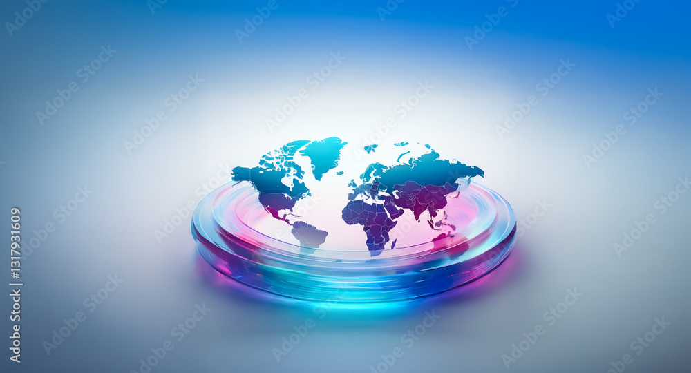 Poster a world map is displayed on a circular platform with vibrant neon lights. the glow emanates from ben