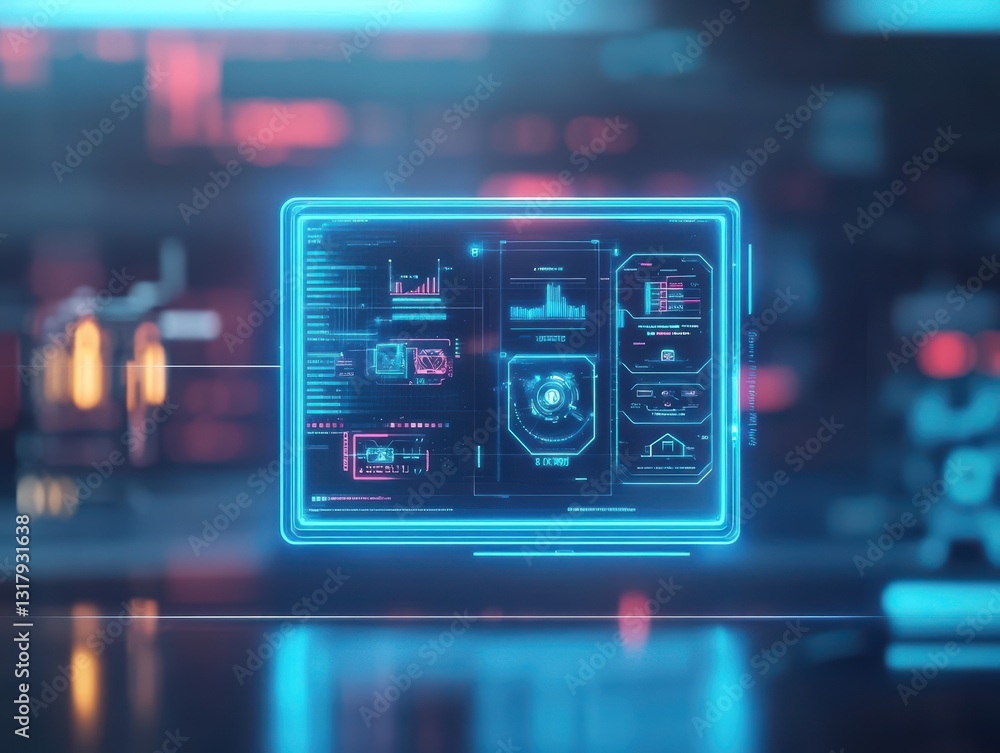 Poster futuristic interface displaying dynamic blue neon graphics with advanced technology elements creatin