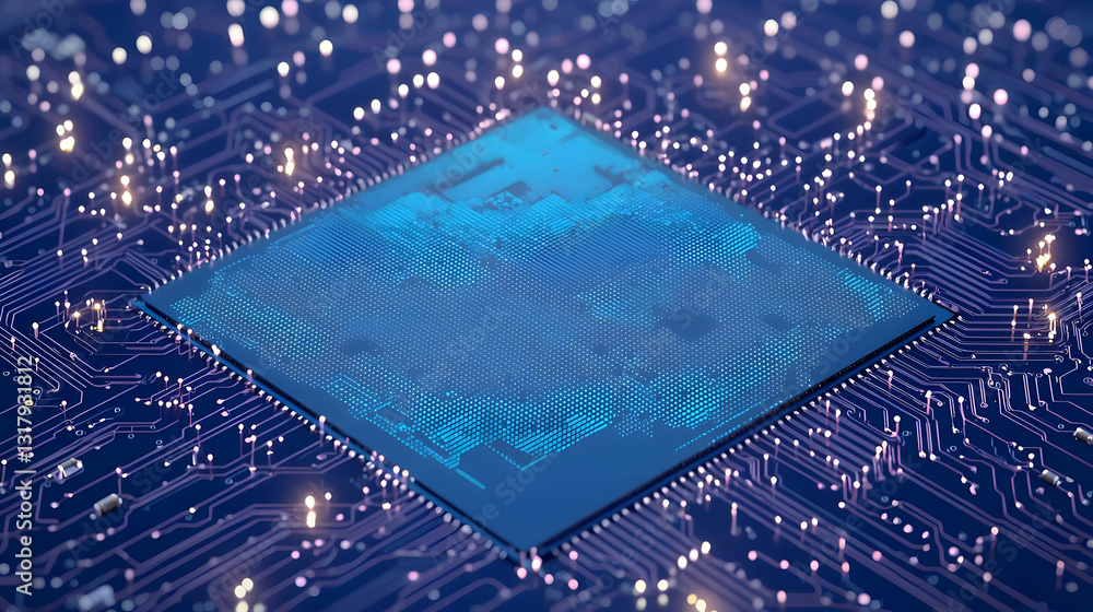 Poster close-up of a blue illuminated microchip on a dark circuit board with glowing details