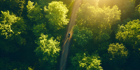 Drone View of Lone Traveler on a Forest Trail at Sunrise