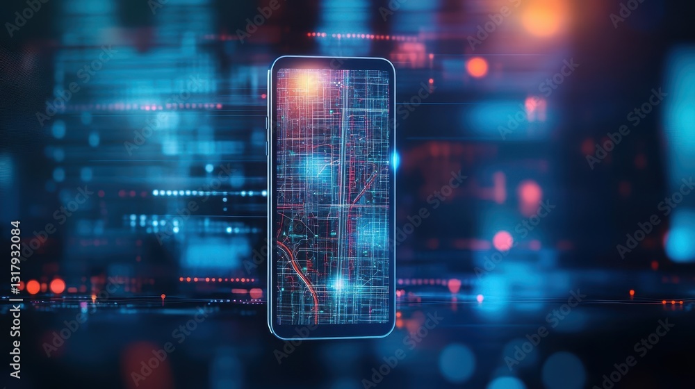 Aufkleber a modern smartphone displaying an interactive city map with vibrant colors and detailed landmarks in