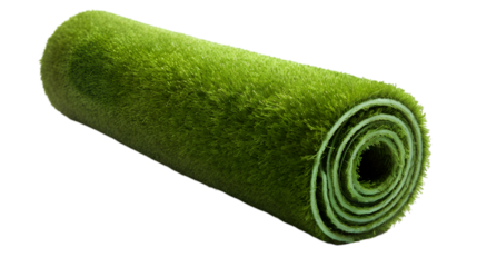 Rolled Artificial Grass Turf on White Background for Landscaping and Decoration.