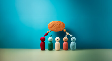 A group of diverse wooden figures are connected by a yarn speech bubble, symbolizing communication and the sharing of ideas in a simple, minimal design against a blue backdrop.