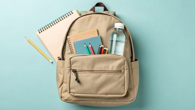 Beige backpack neatly packed with school supplies, including notebooks, pens, and a reusable water bottle, on a minimalist surface