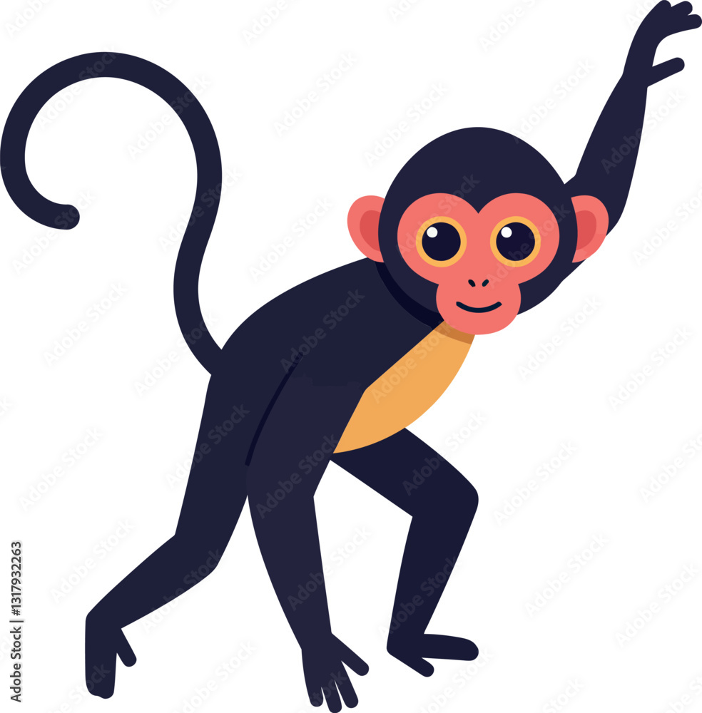 Poster playful black monkey with a cheerful expression in a flat design style showcasing vibrant colors in 