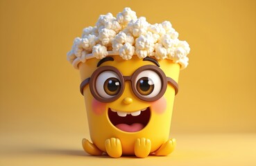 Illustration of cartoon popcorn character with emotion. Animated popcorn cup with cheerful expression, wearing glasses, symbolizes joy of snack time and entertainment. Funny cinema, movie icon.