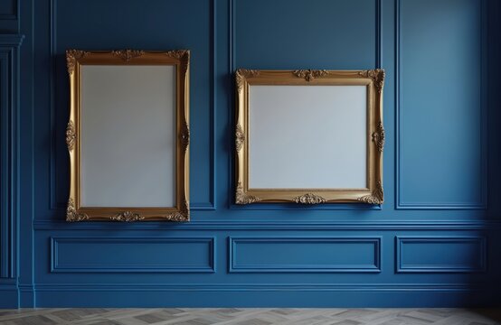 Two empty ornate golden frames hang on royal blue wall. Antique art fair gallery blank template with white copyspace for prototype design. Generative AI picture in museum or auction house.