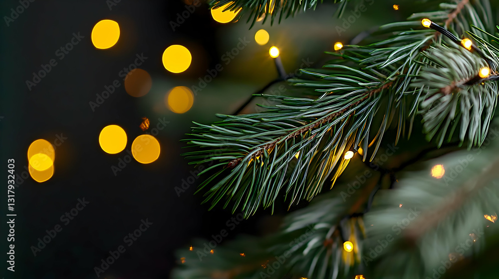 Poster close up of illuminated pine tree branch with festive golden lights and dreamy bokeh effect for chri