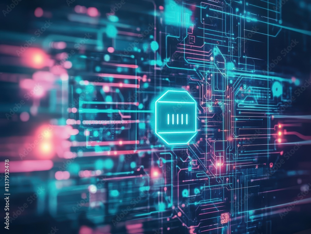 Poster intricate circuit board design featuring a prominent green arrow symbolizing progress and innovation