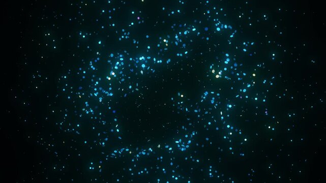 Starry galactic particles with rotating camera perspective reveal South Africa map. The particles briefly align into the shape before dispersing, creating a stunning cosmic motion effect.