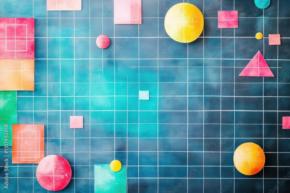 Poster vibrant colorful wall adorned with intricate geometric shapes and lines creating a dynamic artistic 