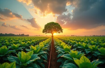 Sunset over tobacco field with leafy green plants, lone tree and cloudy sky. Agriculture landscape with dramatic clouds. Tobacco cultivation as global business, source of nicotine.