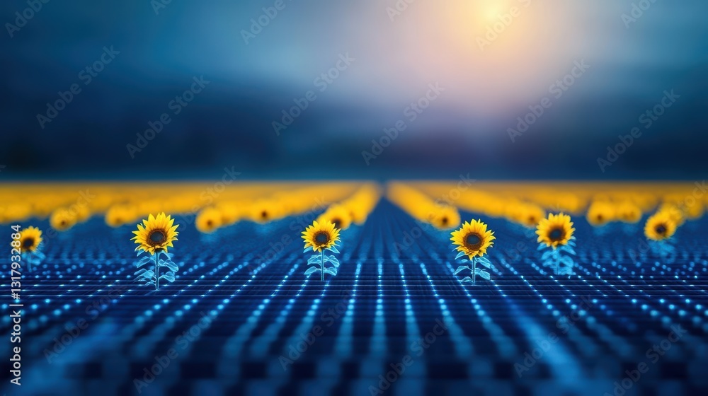Poster vibrant sunflowers gracefully arranged on a modern computer keyboard creating a unique contrast of n